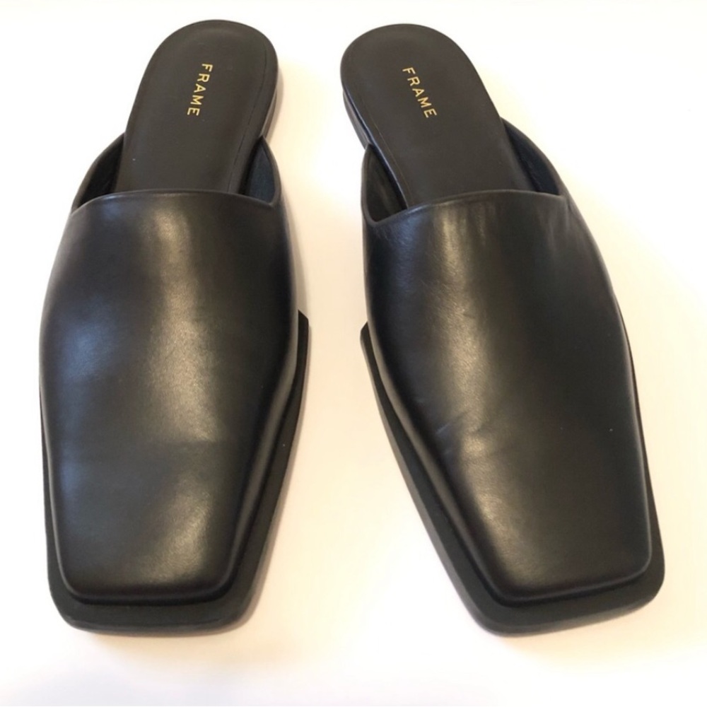 Frame Black Square Toe Leather Mule Slides 40 9.5